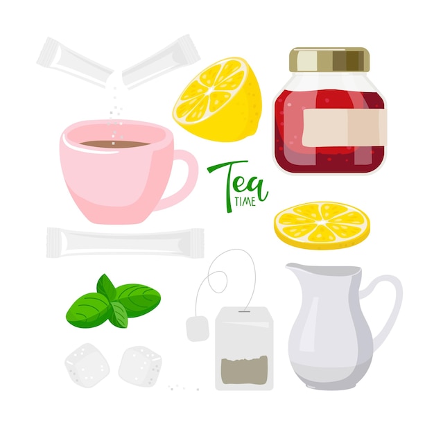 Letras del día internacional del té tazas de té, menta, limón, mermelada, azúcar, crema, bolsita de té