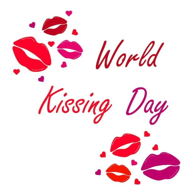 Vector letras del día mundial de los besos con labios y corazones plantilla para impresión de póster de postal