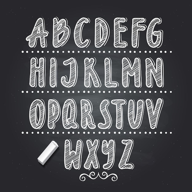 Vector letras dibujadas a mano escribiendo en la pizarra de la escuela negro. alfabeto vector