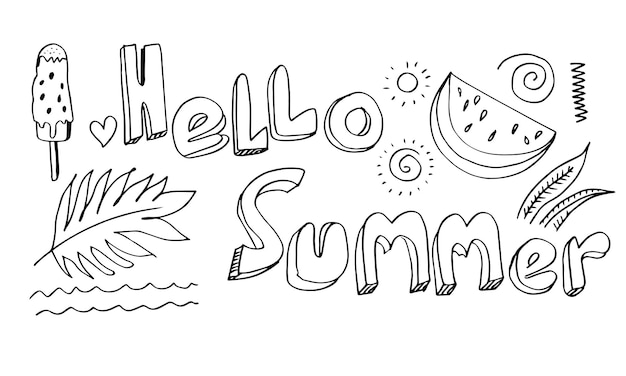 Vector letras dibujadas a mano de hello summer con estilo de dibujo ilustración vectorial