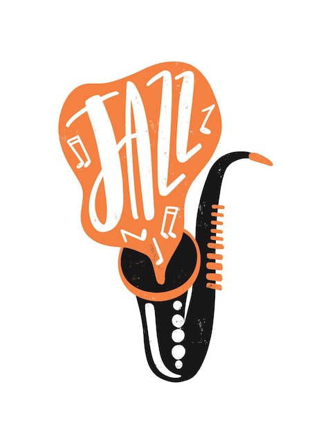 Letras dibujadas a mano de jazz. saxofón con ilustración de notas musicales