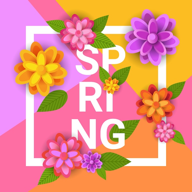 Letras de diseño gráfico de primavera floral con flores de colores en el marco