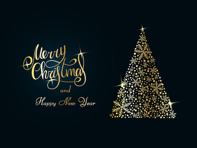 Letras doradas manuscritas sobre un fondo azul oscuro. Árbol de Navidad dorado mágico de copos de nieve. Feliz navidad y próspero año nuevo 2022.