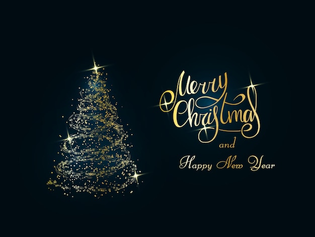 Letras doradas manuscritas sobre un fondo azul oscuro. Árbol de Navidad dorado mágico de copos de nieve y tormentas de nieve. Feliz navidad y próspero año nuevo 2022.