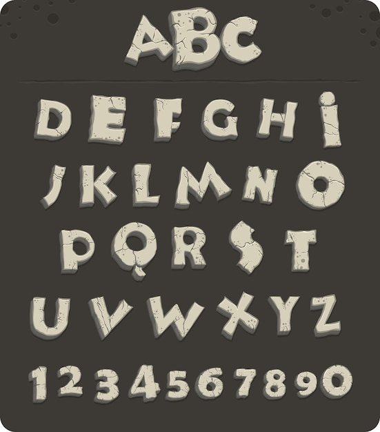 Letras de la Edad de Piedra con grietas, fuente vectorial