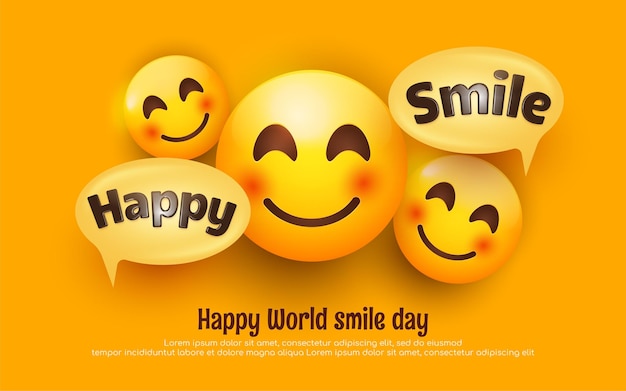 Vector letras editables del día mundial de la sonrisa con emoji de cara feliz de sonrisa