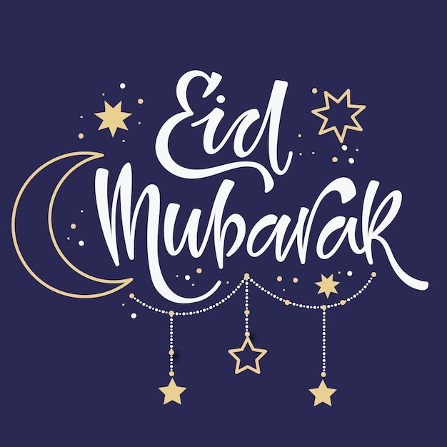 Letras de eid mubarak con luna y estrellas dibujadas a mano