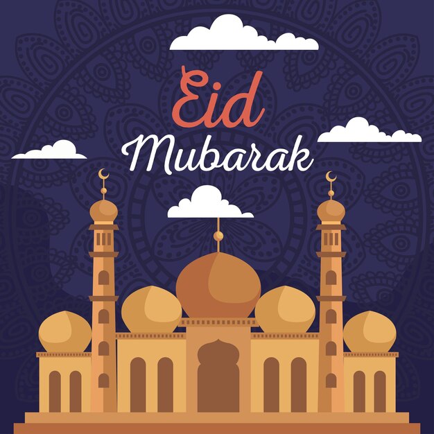 Letras de eid mubarak con mezquita.