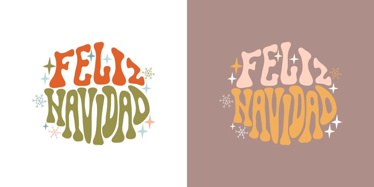 Vector letras escritas a mano feliz navidad en forma de círculo cartel de estilo retro de los años 70
