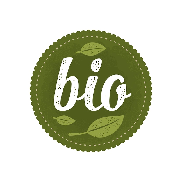 Letras de escritura caligráfica bio y pegatina de círculo verde de hoja Firmar alimentos orgánicos naturales