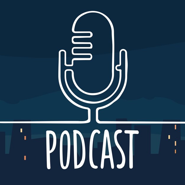 Letras de escritura a mano de podcast Ilustración de estilo de línea de color de vector de micrófono En el fondo de la ciudad de noche Plantilla para poster flyer web