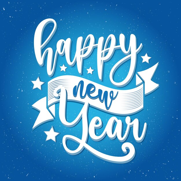 Letras de feliz año nuevo sobre fondo de vector de tipografía de celebración borrosa azul con destellos.