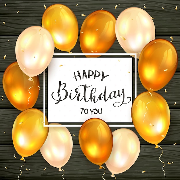 Letras de feliz cumpleaños en tarjeta blanca. Fondo de madera negra con globos dorados y confeti, ilustración.