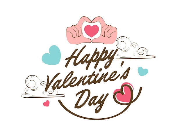 Letras de feliz día de San Valentín con manos formando un corazón y nubes de garabato sobre fondo blanco