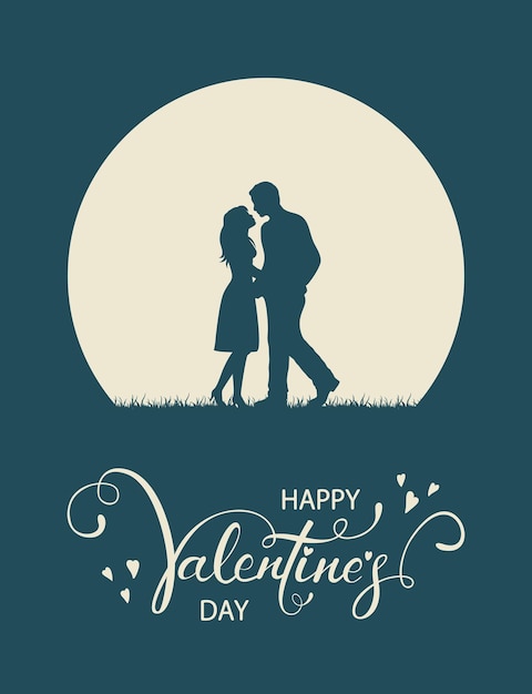 Letras de feliz día de san valentín con pareja amorosa y luna sobre fondo  azul. la ilustración de san valentín con un hombre y una mujer enamorados  se puede utilizar para el