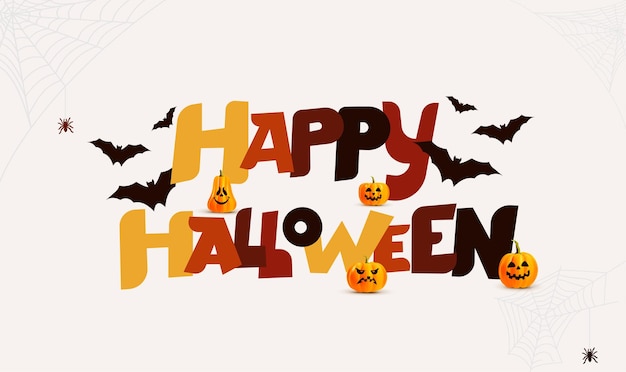 Letras de feliz halloween feliz halloween dibujado a mano con murciélagos elemento de diseño único para halloween con calabazas tipografía de esbozo estilizado ilustración de vector de plantilla fondo aislado