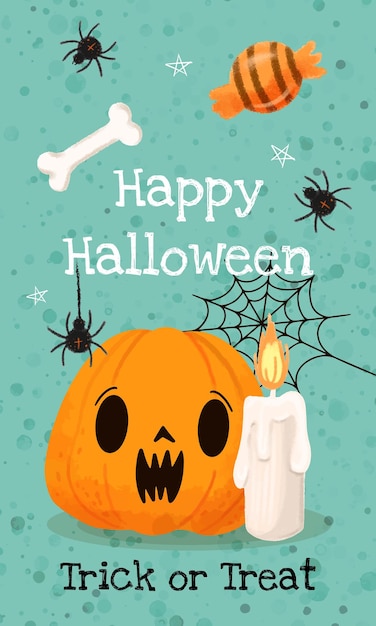 Letras feliz halloween y trick or treat acuarela textura hueso de calabaza vela ardiente y arañas