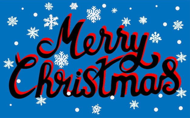 Letras de feliz Navidad con copos de nieve de garabato sobre fondo azul.