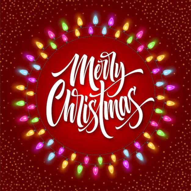 Letras de feliz Navidad en el marco del círculo de Alemania. Caligrafía de Navidad con luces brillantes y nieve. Saludo de Navidad sobre fondo rojo. Postal, cartel, diseño de banner. Vector aislado