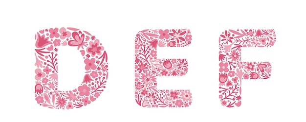 Letras florales DEF Fuente de flores rosadas Alfabeto Doodle Vector