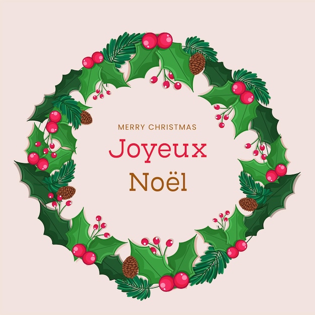 Letras francesas de feliz navidad en guirnalda de navidad decorativa y fondo rosa.
