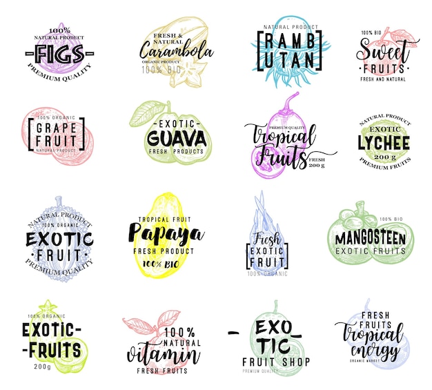 Letras de frutas exóticas en frutas tropicales.