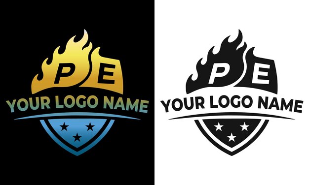 Letras en fuego Logotipo Escudo Emblema con motivo de llama y tipografía en negrita PE