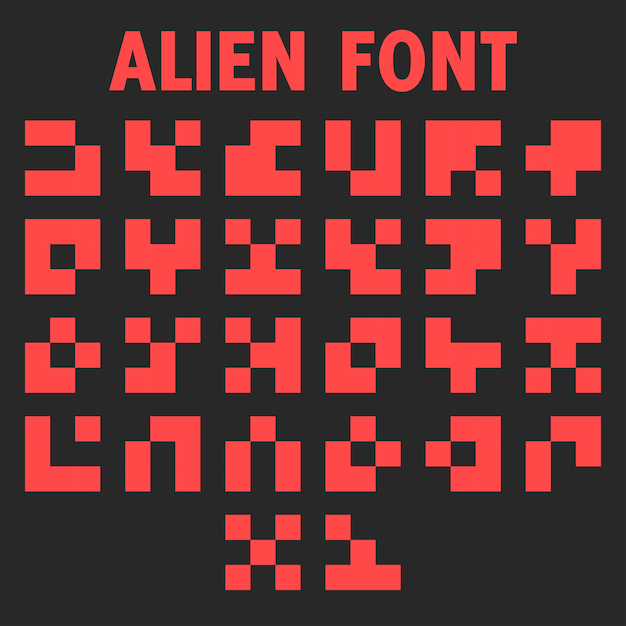 Letras de fuente alienígena alfabeto para la visualización del panel de información de un juego de computadora jeroglíficos símbolos rojos lenguaje de alienígenas