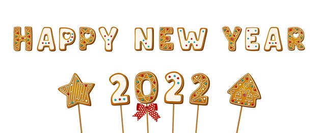 Letras de galleta de jengibre en palos de madera con frase feliz año nuevo en estilo de dibujos animados. Cake pop con galleta dulce para decoración festiva aislado sobre fondo blanco. Ilustración vectorial