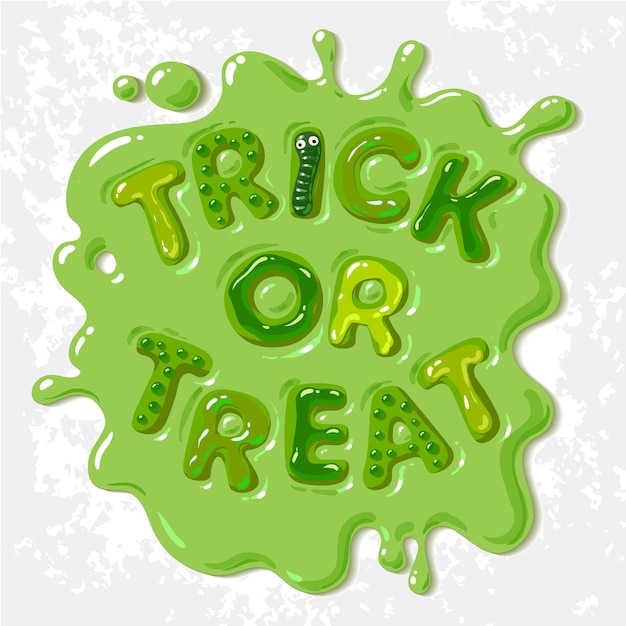 Letras de gelatina de halloween trick or treat en un charco de limo verde