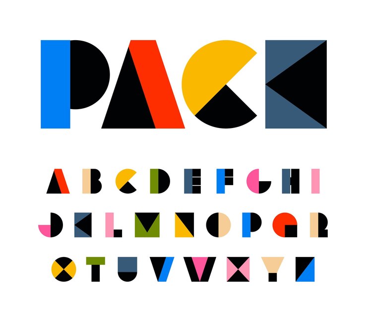 Vector letras geométricas del alfabeto del arte del color del arco iris para el cumpleaños de la fuente del carnaval primitivo de las formas del festival