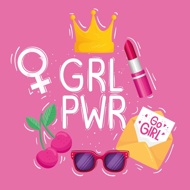 Letras de girl power con corona y diseño de iconos