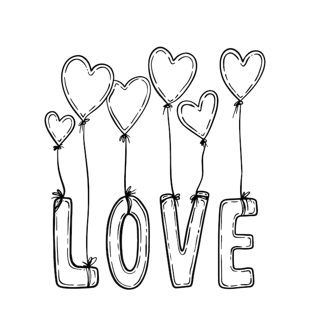 Letras con globos unidos con cuerdas inscripción LOVE doodle linear