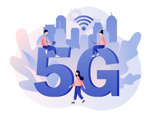 Las letras grandes 5g y las personas diminutas con dispositivos utilizan tecnología inalámbrica de red 5G de Internet de alta velocidad