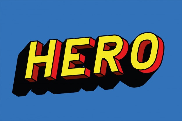 letras de héroe en diseño de fondo azul, tipografía retro y tema cómico