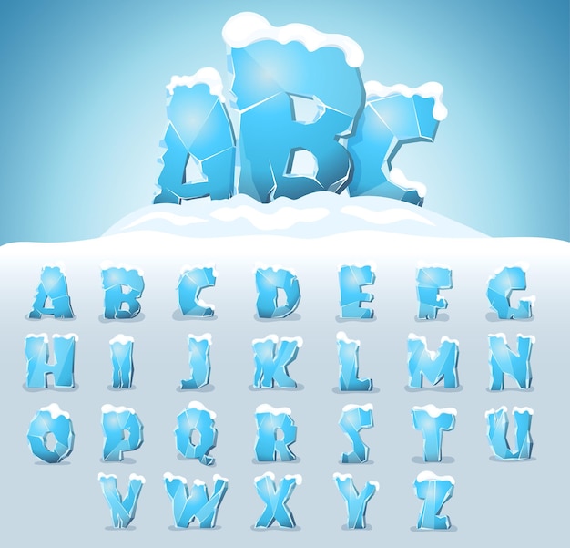 Letras de hielo con nieve en la parte superior, fuente vectorial