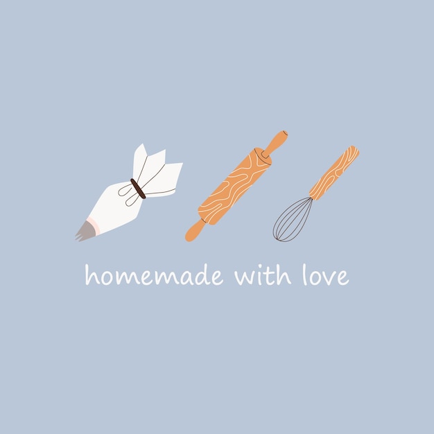 Letras de Homemade With Love con utensilios de cocina. Cocina, herramientas para hornear. batidor, rodillo