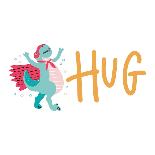 letras Hug y Cute dino super hero en estilo de dibujos animados.