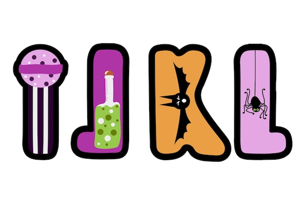Letras IJKL del alfabeto inglés de Halloween en estilo de dibujos animados planos Botella de poción de piruleta de araña murciélago Abc