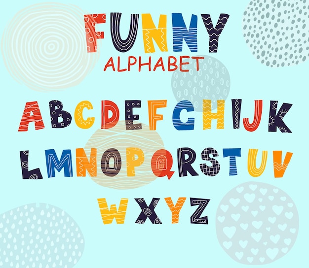 Letras infantiles en mayúsculas Decorative doodle con símbolos de texto con adornos de contorno Vector juego de iconos alfabéticos divertidos