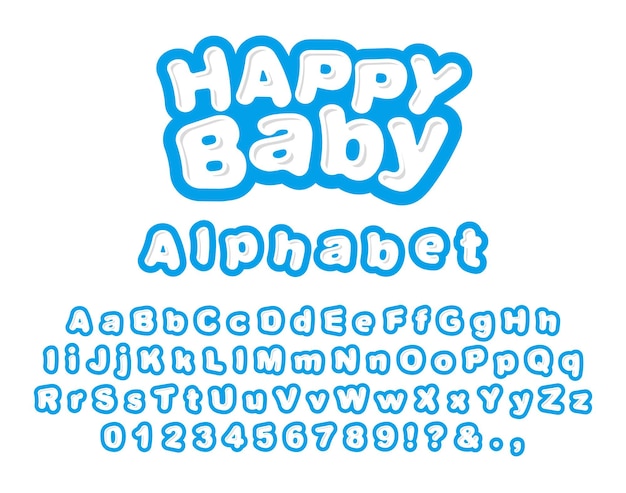 Letras en inglés para niños con números y símbolos para crear estampados y logotipos. alfabeto para diseño de estampado de bebé. fuente linda del vector.