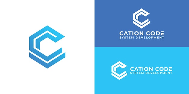 Letras iniciales CC redondeado forma hexagonal monograma azul simple logotipo moderno