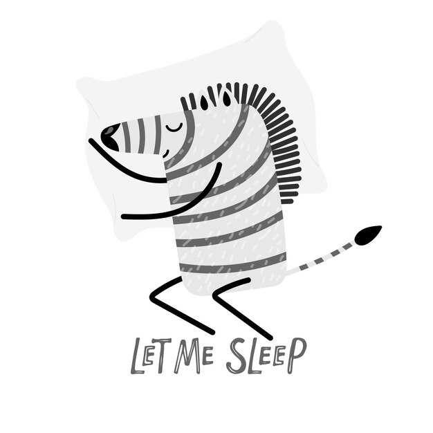 Letras de let me sleep dibujos animados feliz cebra dormida personaje divertido en estampado animal