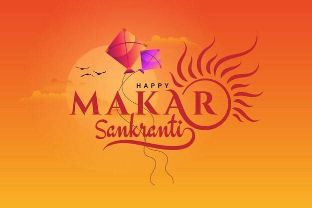 Letras de Makar Sankranti con diseño de logotipo de sol e ilustración de cometa