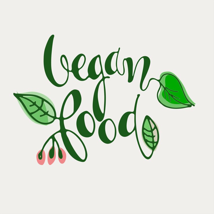 Vector letras de mano de alimentos veganos decoradas con hojas y flores aisladas sobre fondo blanco marca de etiqueta de banner del logotipo del icono