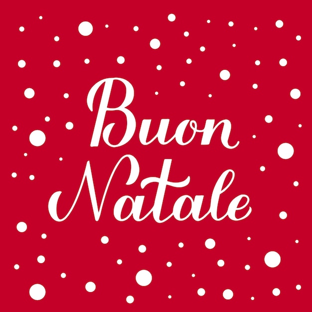 Letras de mano de caligrafía de feliz natal sobre fondo rojo con confeti de nieve cartel de tipografía de feliz navidad en italiano plantilla de vector fácil de editar para tarjeta de felicitación invitación de volante de banner