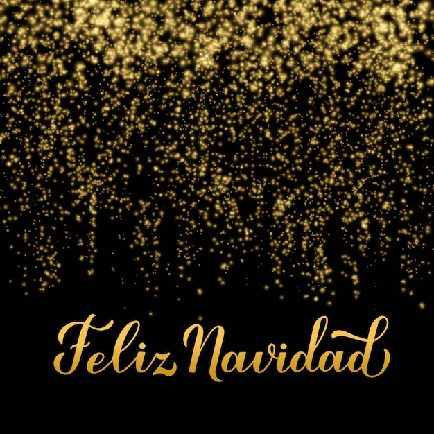 Vector letras de mano de caligrafía de feliz navidad sobre fondo de destellos de oro brillante cartel de tipografía de feliz navidad en español plantilla de vector fácil de editar para tarjeta de felicitación volante de banner, etc.