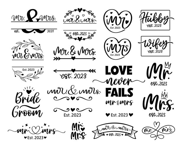 Vector letras de mano mr y mrs boda novia novio pareja amor corazón tipografía palabras caligrafía conjunto