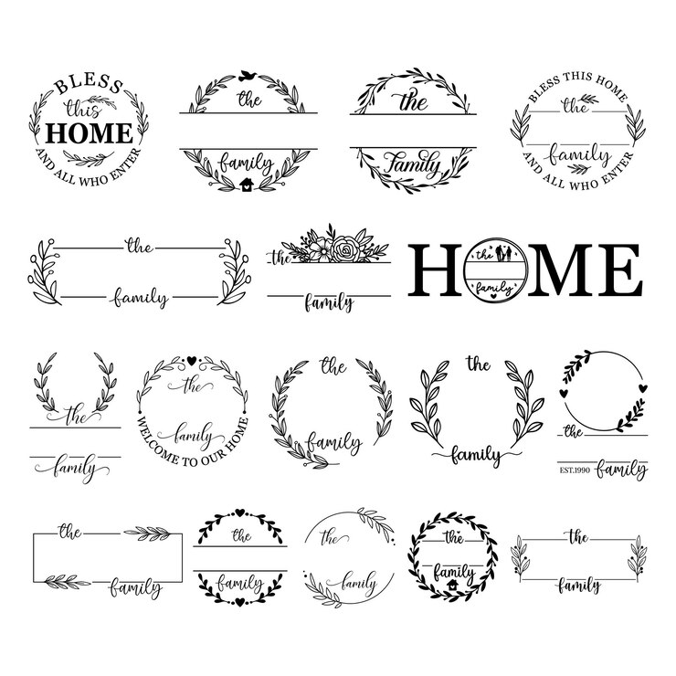 Letras a mano Nombre de familia Monograma dividido Señal de bienvenida a casa Ornamento floral de boda Contorno de corona