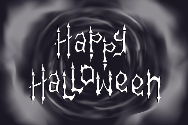 Letras manuscritas de estilo gótico feliz halloween con un telón de fondo de remolinos de humo y sombras en estilo místico y tonos fríos bandera mística de halloween ilustración vectorial